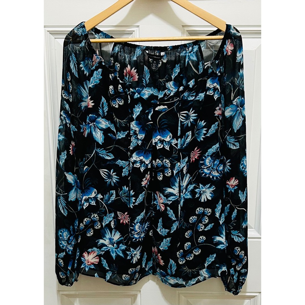 White House Black Market Floral Peasant Blouse Black Blue Sheer Long Sleeve 14